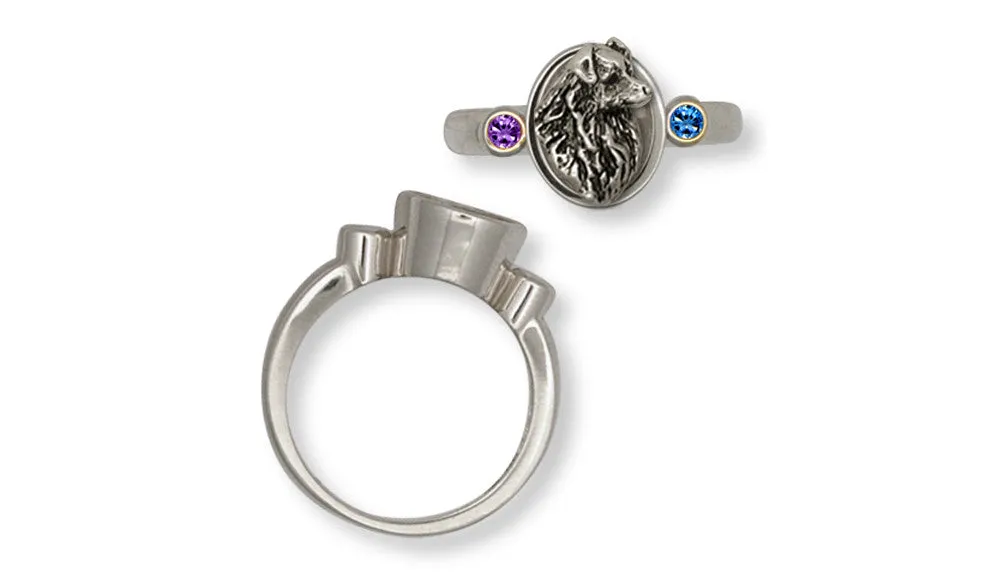 Australian Shepherd Birthstone Ring Jewelry Sterling Silver Handmade Dog Ring AU13-SR