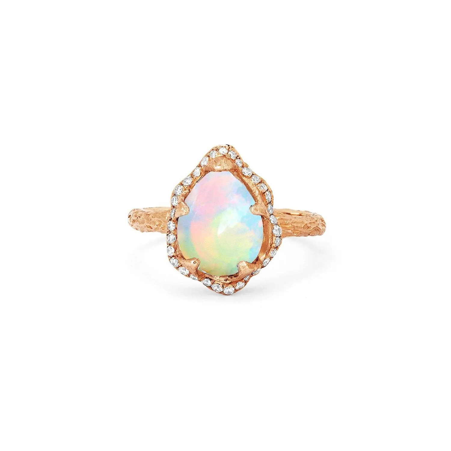 Baby Queen Water Drop White Opal Ring with Full Pavé Diamond Halo