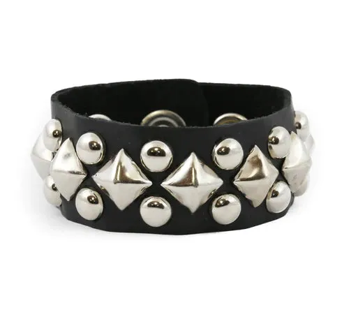 Black Leather Bracelet w/ 3 Rows of Round Silver Studs and Diamond Pyramid Stud Details