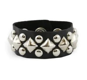 Black Leather Bracelet w/ 3 Rows of Round Silver Studs and Diamond Pyramid Stud Details