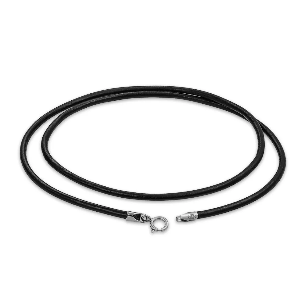 Black Leather Cord Necklace with Silver-Plated Clasp