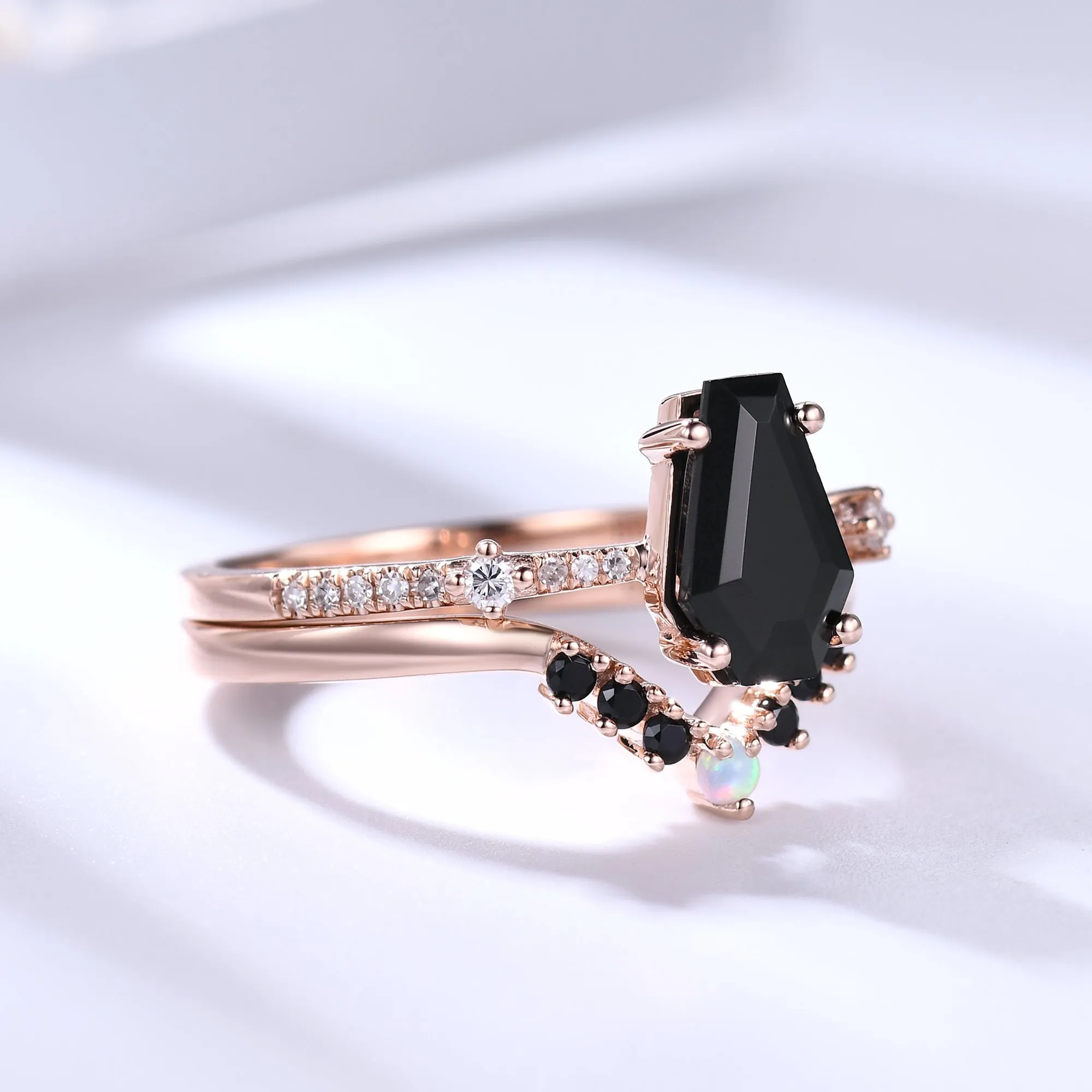 Black Onyx Coffin Gothic Engagement Ring Set Opal Stacking Ring