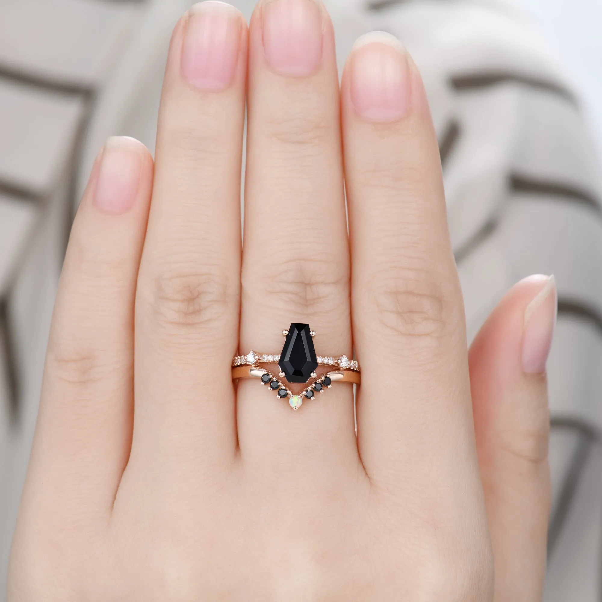 Black Onyx Coffin Gothic Engagement Ring Set Opal Stacking Ring