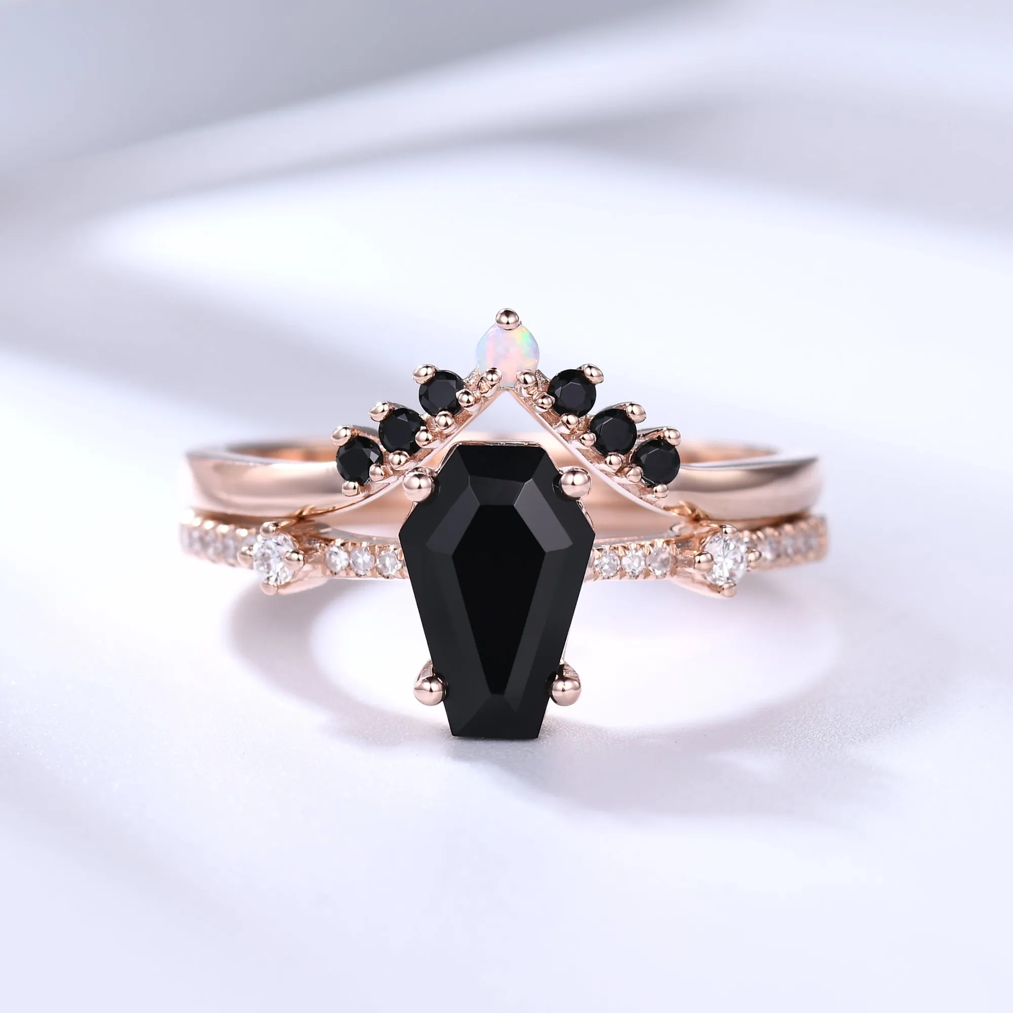 Black Onyx Coffin Gothic Engagement Ring Set Opal Stacking Ring