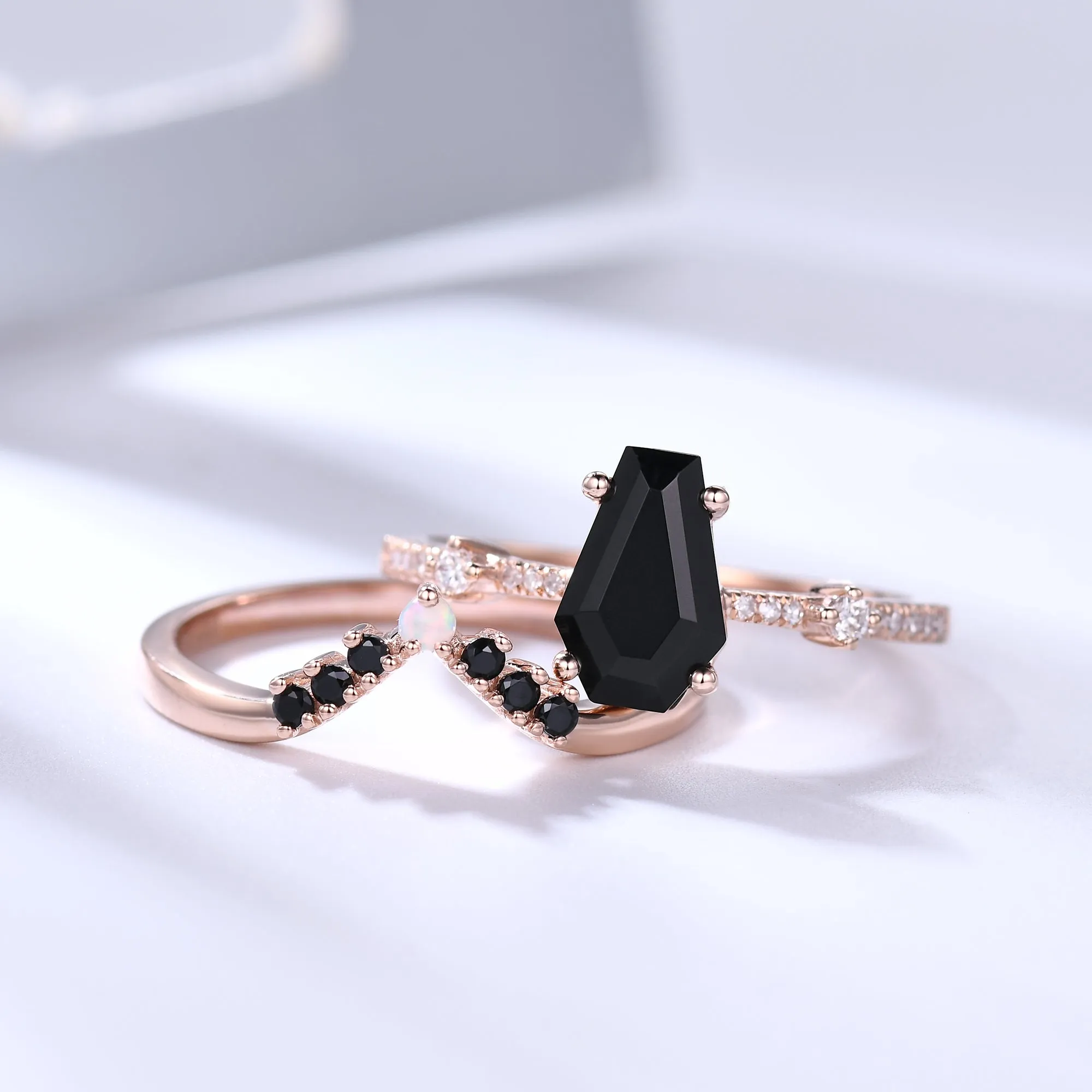 Black Onyx Coffin Gothic Engagement Ring Set Opal Stacking Ring