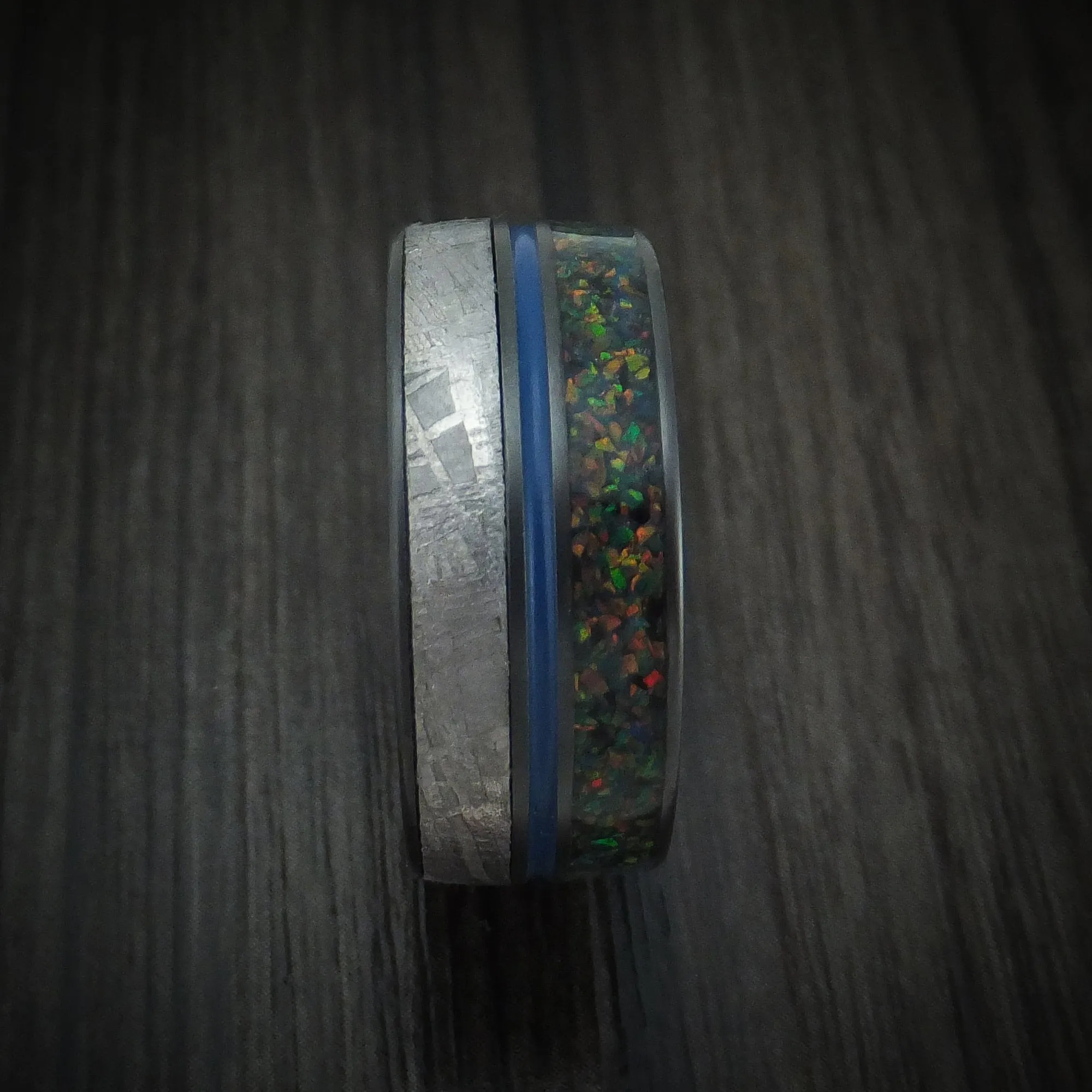 Black Zirconium Gibeon Meteorite and Opal Men's Ring with Cerakote Custom Made Band