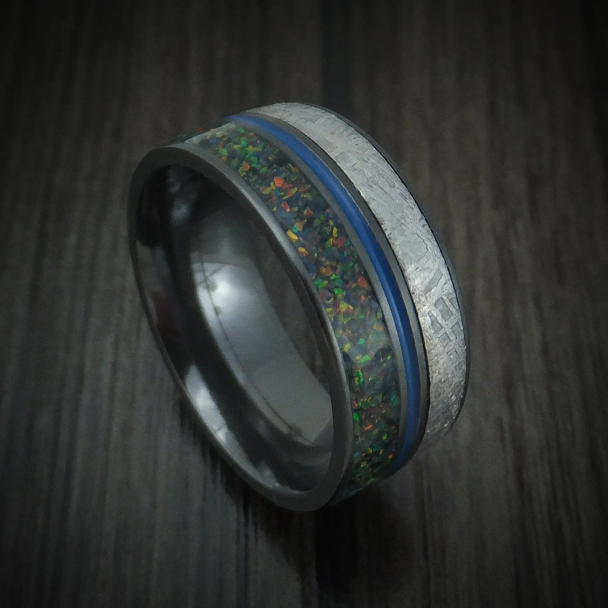 Black Zirconium Gibeon Meteorite and Opal Men's Ring with Cerakote Custom Made Band