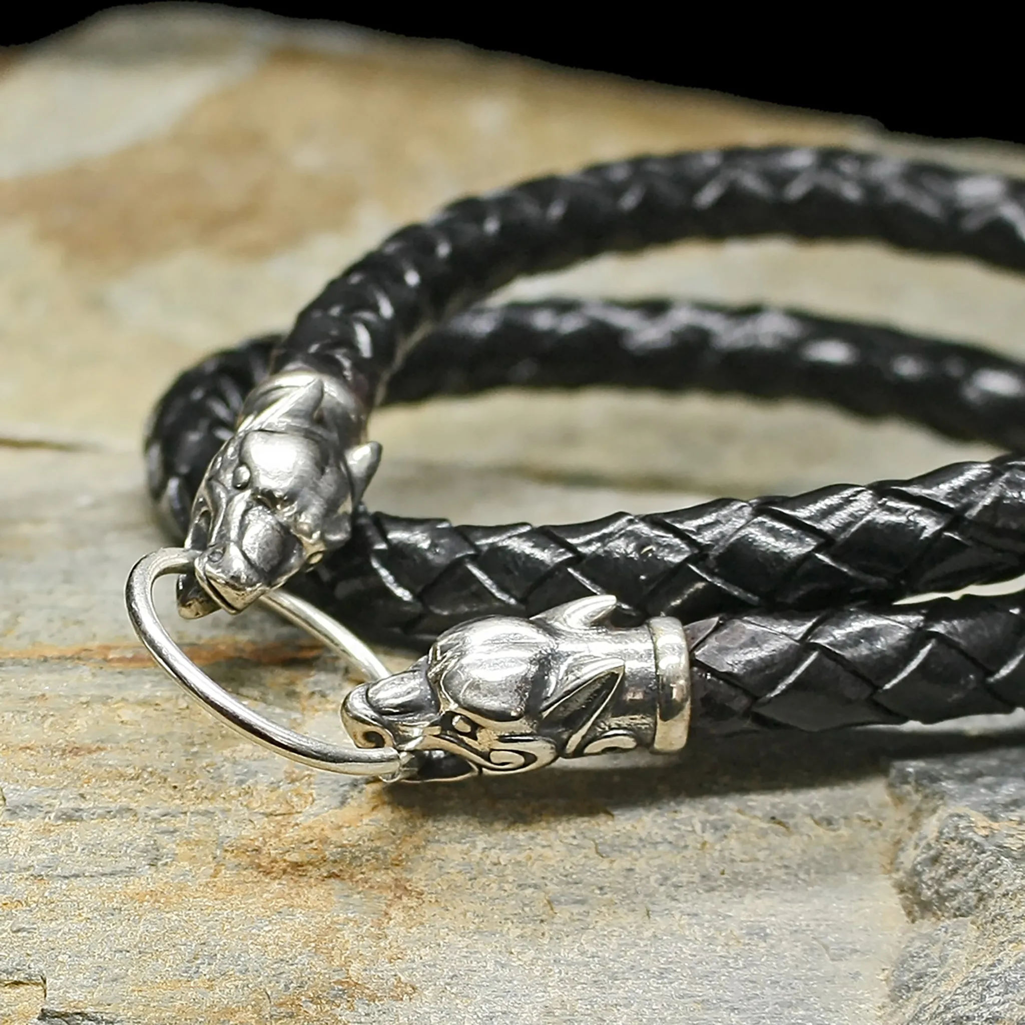 Braided Leather Necklace with Silver Ferocious Wolf Heads