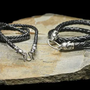 Braided Leather Necklace with Silver Ferocious Wolf Heads