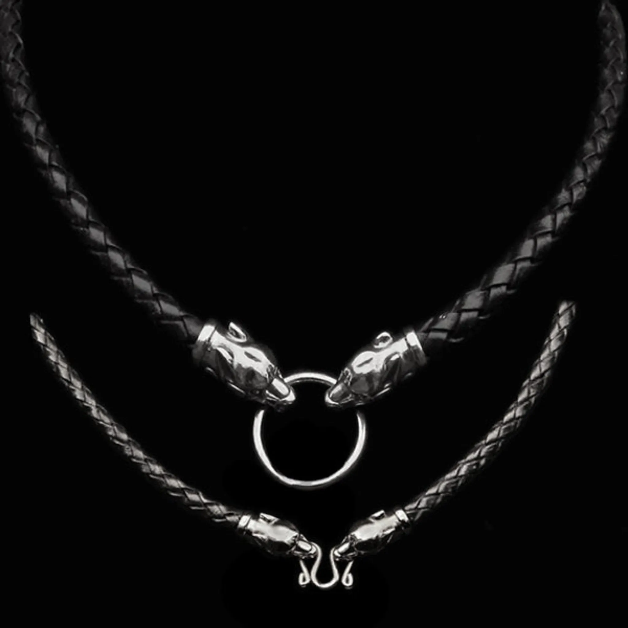 Braided Leather Necklace with Silver Ferocious Wolf Heads