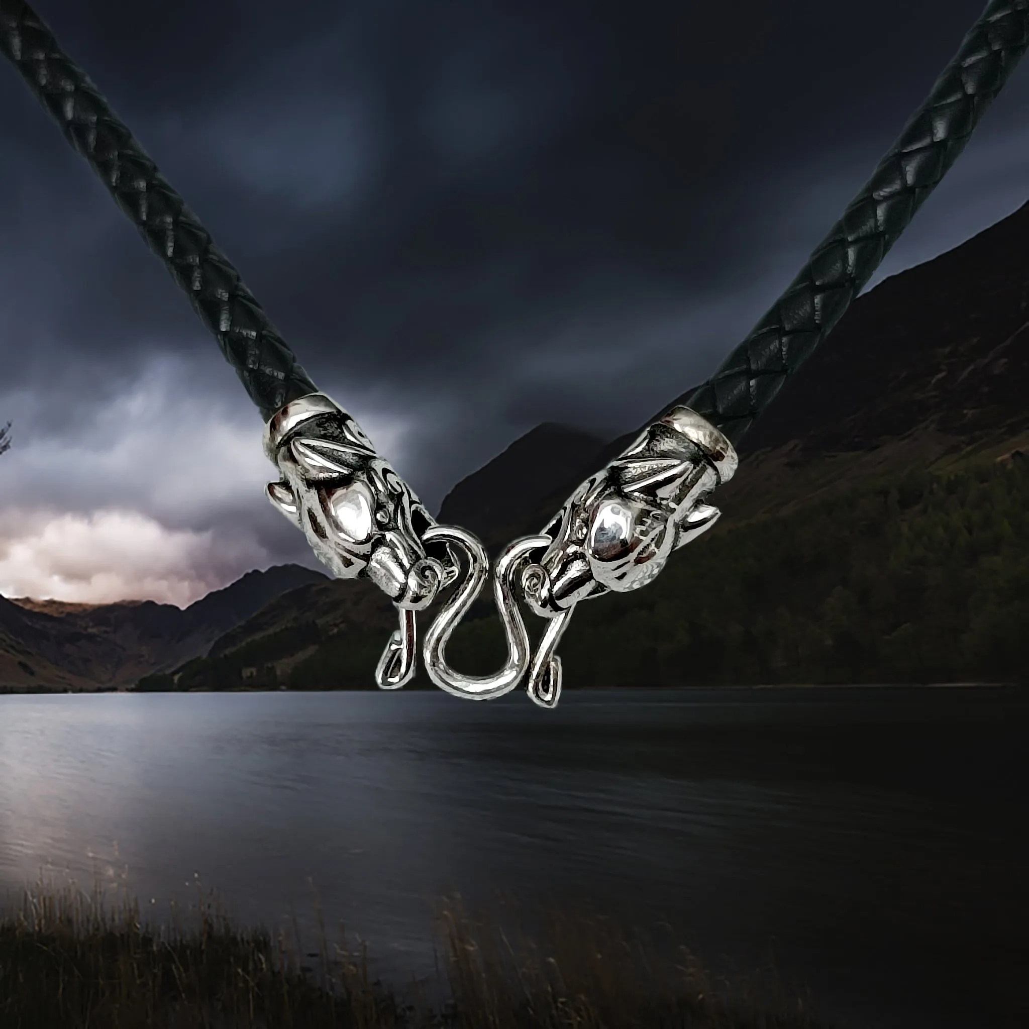 Braided Leather Necklace with Silver Ferocious Wolf Heads