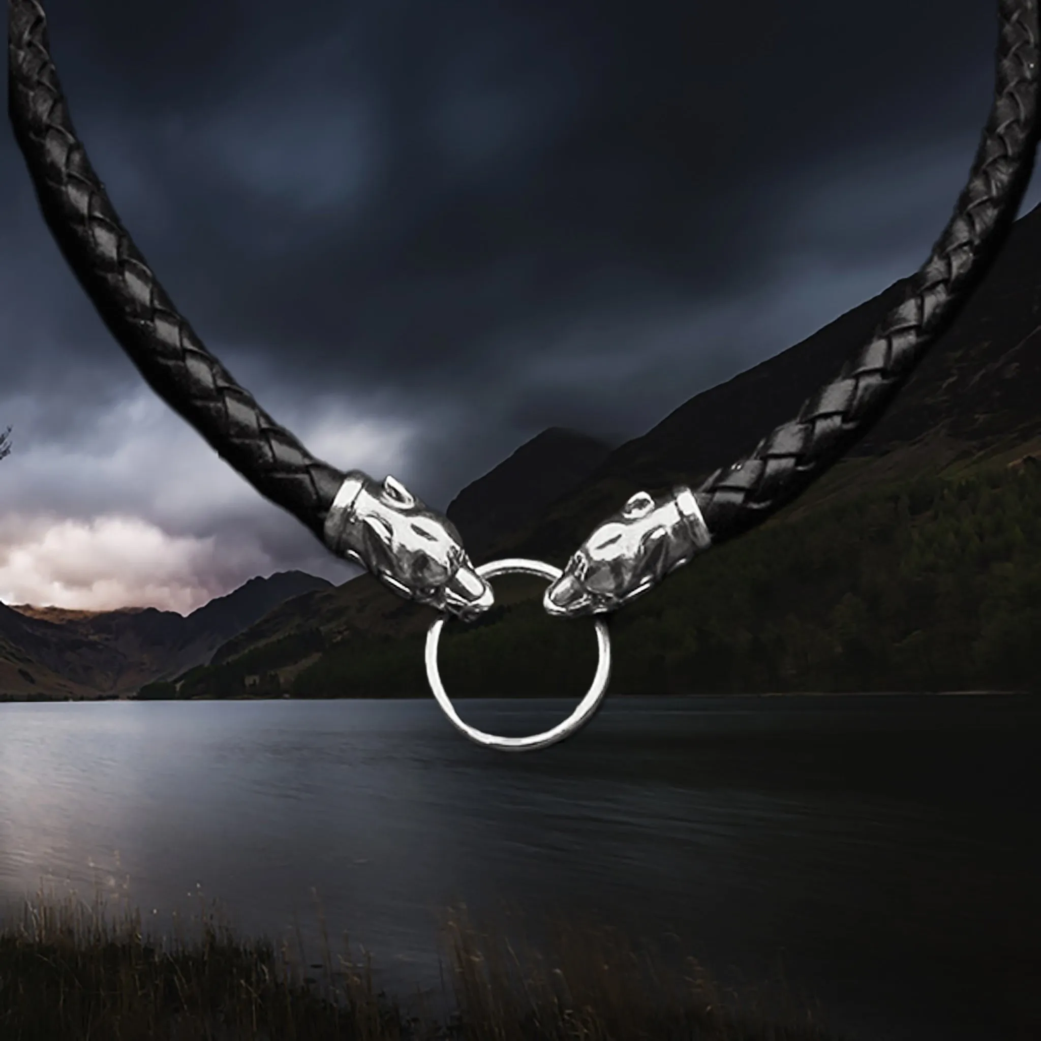 Braided Leather Necklace with Silver Ferocious Wolf Heads