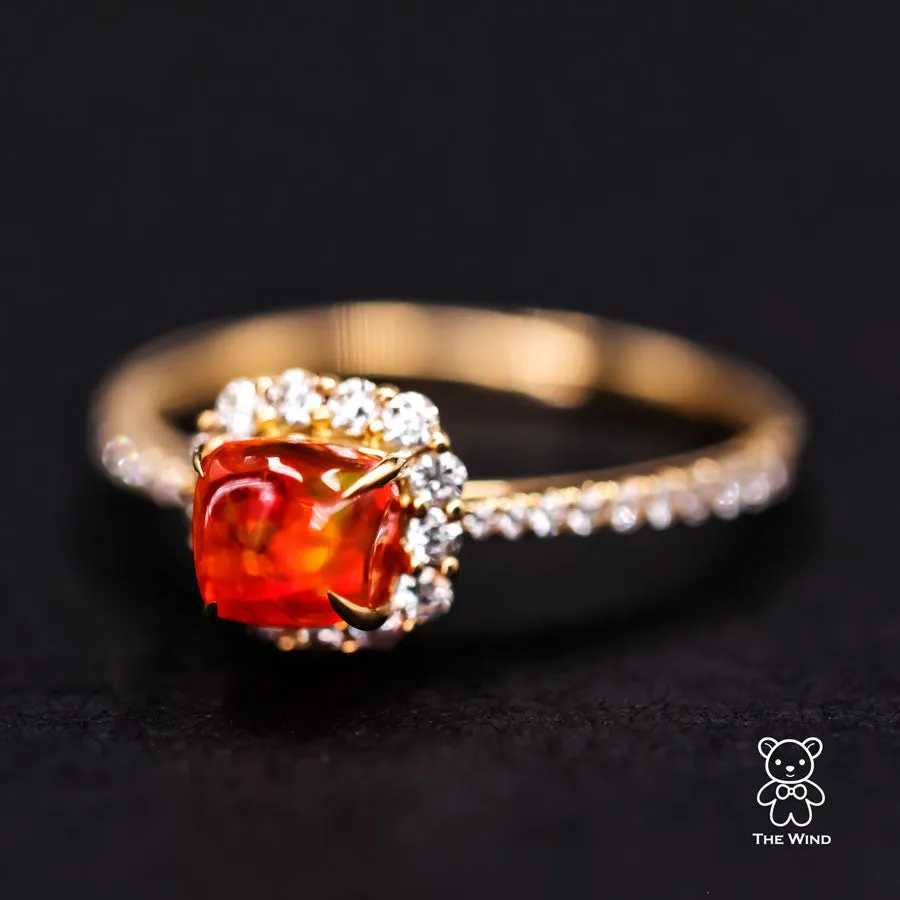 Candy Cube Mexican Fire Opal Halo Diamond Engagement Ring 18K Yellow Gold