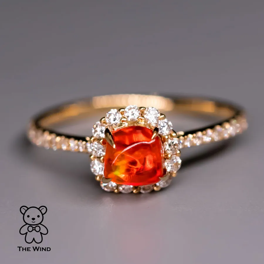 Candy Cube Mexican Fire Opal Halo Diamond Engagement Ring 18K Yellow Gold