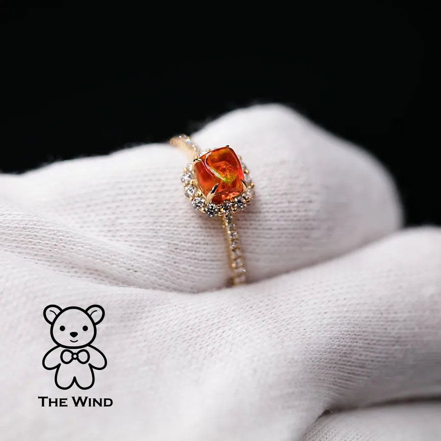 Candy Cube Mexican Fire Opal Halo Diamond Engagement Ring 18K Yellow Gold