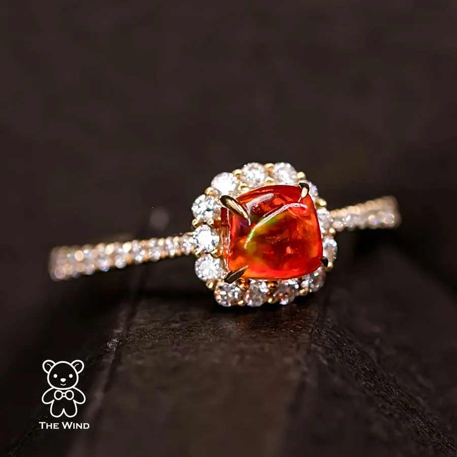 Candy Cube Mexican Fire Opal Halo Diamond Engagement Ring 18K Yellow Gold