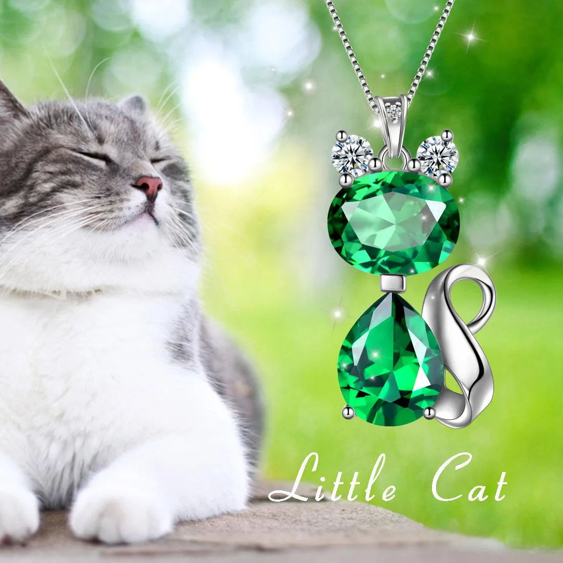 Cat Birthstone May Emerald Necklace Women Girls Jewelry Birthday Gift Sterling Silver