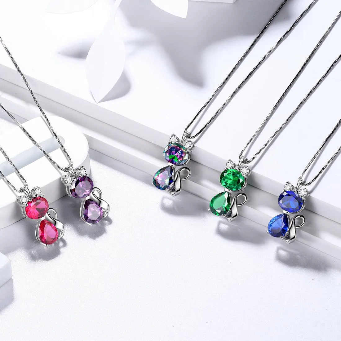 Cat Birthstone May Emerald Necklace Women Girls Jewelry Birthday Gift Sterling Silver