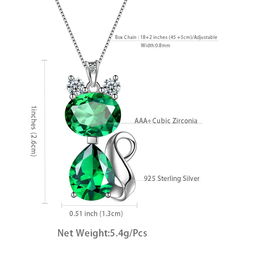 Cat Birthstone May Emerald Necklace Women Girls Jewelry Birthday Gift Sterling Silver