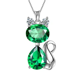 Cat Birthstone May Emerald Necklace Women Girls Jewelry Birthday Gift Sterling Silver