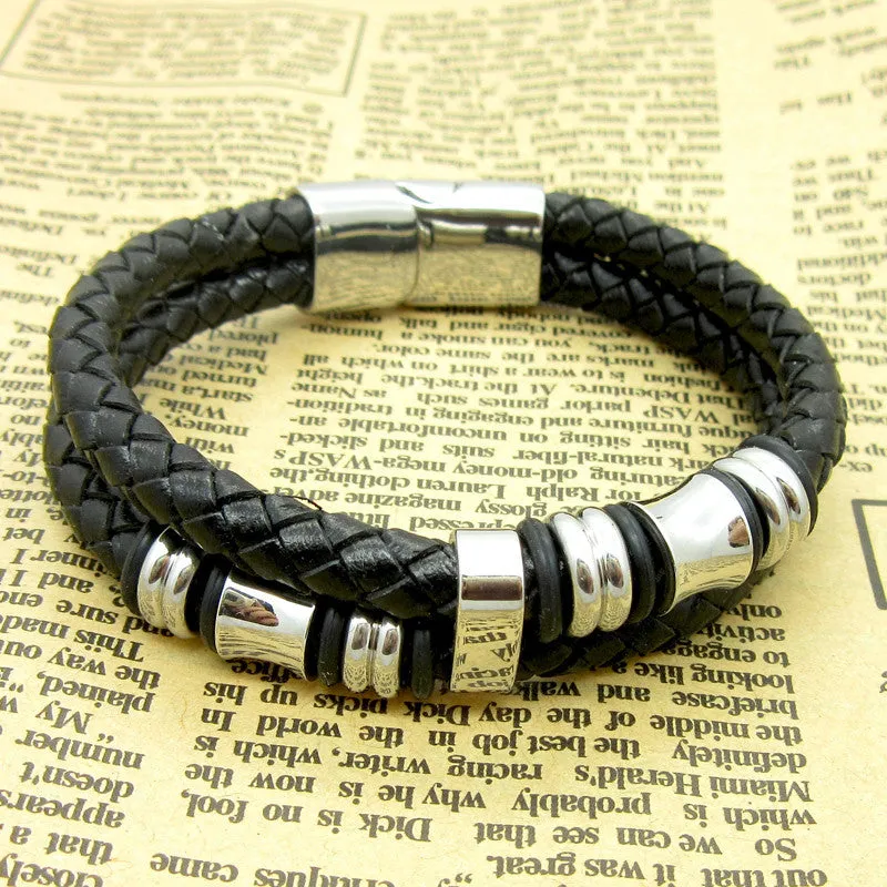 Classical Double Layer Handmade Genuine Leather Weaved Man Bracelets Fashion New Magnet Clasp Good Steel Wristband