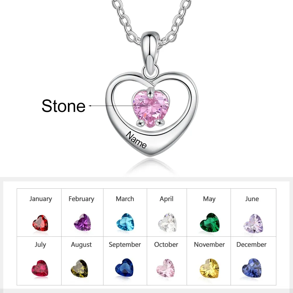 Customized Heart Necklace with Inlaid Birthstone Personalized Name Engraving Heart Pendant Jewelry Gifts for Girlfriend