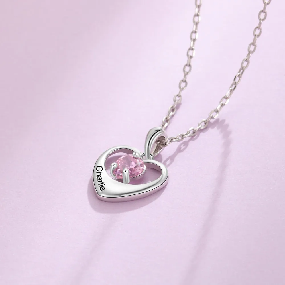 Customized Heart Necklace with Inlaid Birthstone Personalized Name Engraving Heart Pendant Jewelry Gifts for Girlfriend