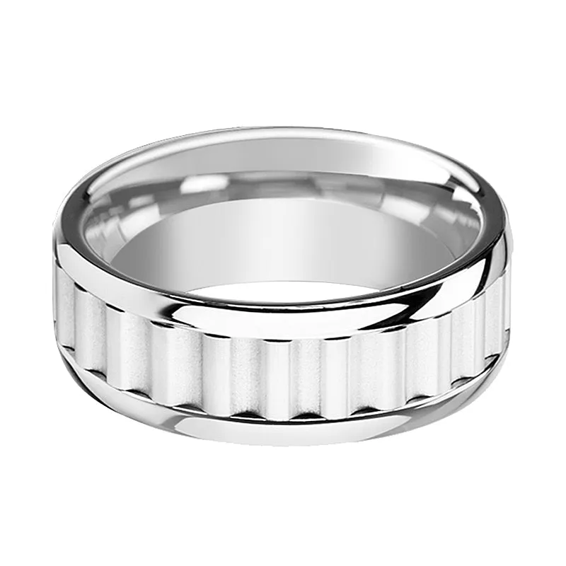 CUTLASS | Silver Tungsten Ring, Gear Teeth Inlay, Domed