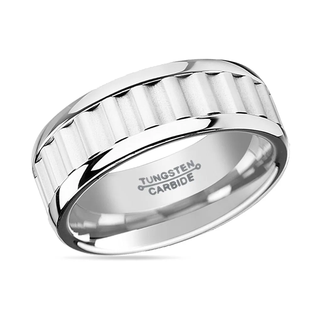 CUTLASS | Silver Tungsten Ring, Gear Teeth Inlay, Domed