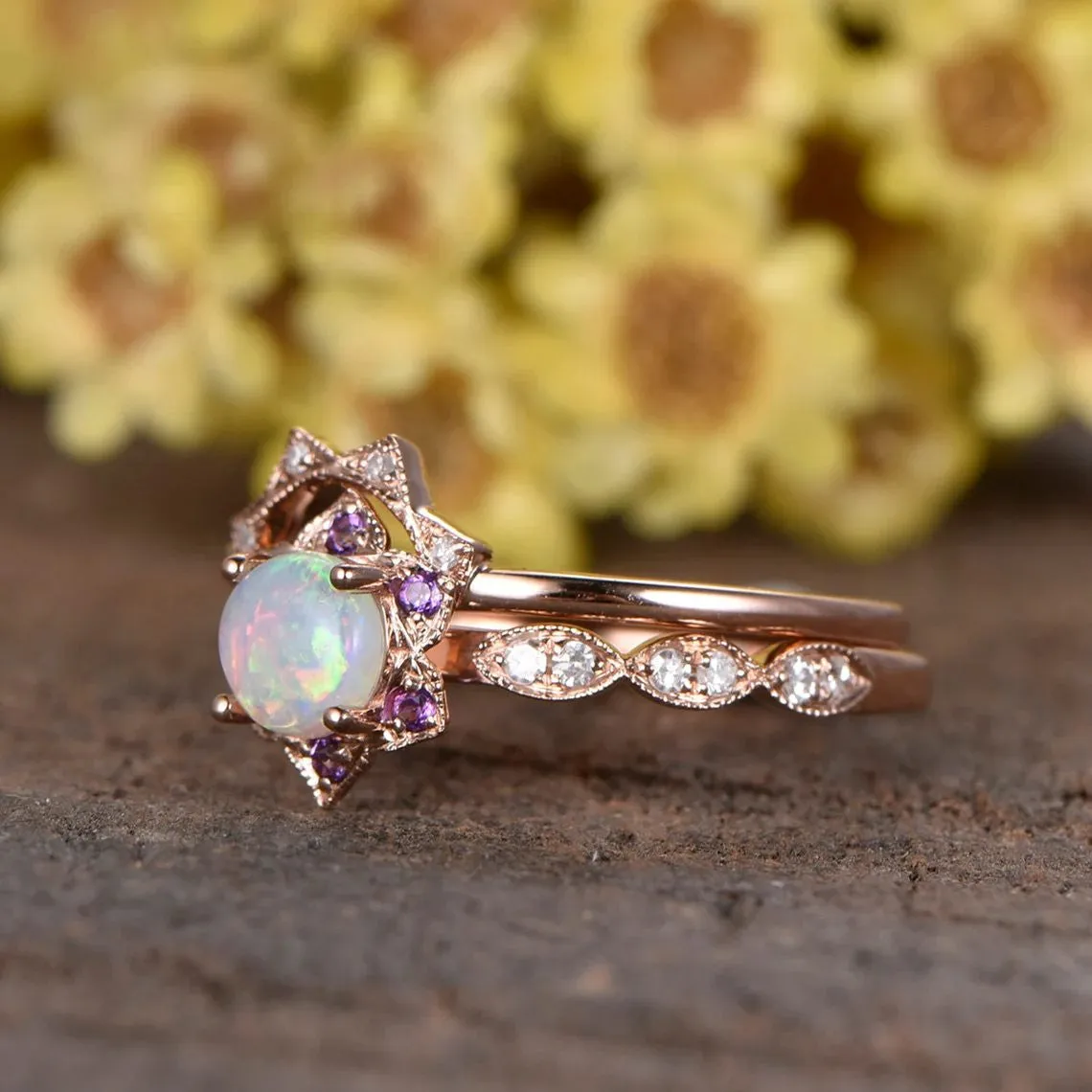 Dainty 0.5 Carat Round Opal Wedding Ring Set 2-Pieces Amethyst Halo Scalloped Band