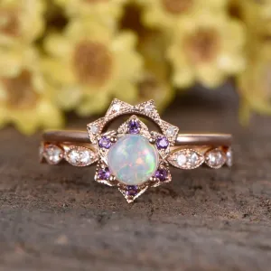 Dainty 0.5 Carat Round Opal Wedding Ring Set 2-Pieces Amethyst Halo Scalloped Band