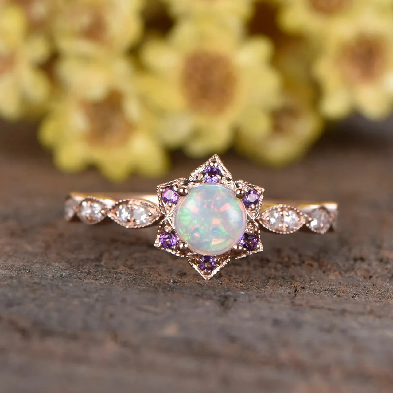 Dainty 0.5 Carat Round Opal Wedding Ring Set 2-Pieces Amethyst Halo Scalloped Band