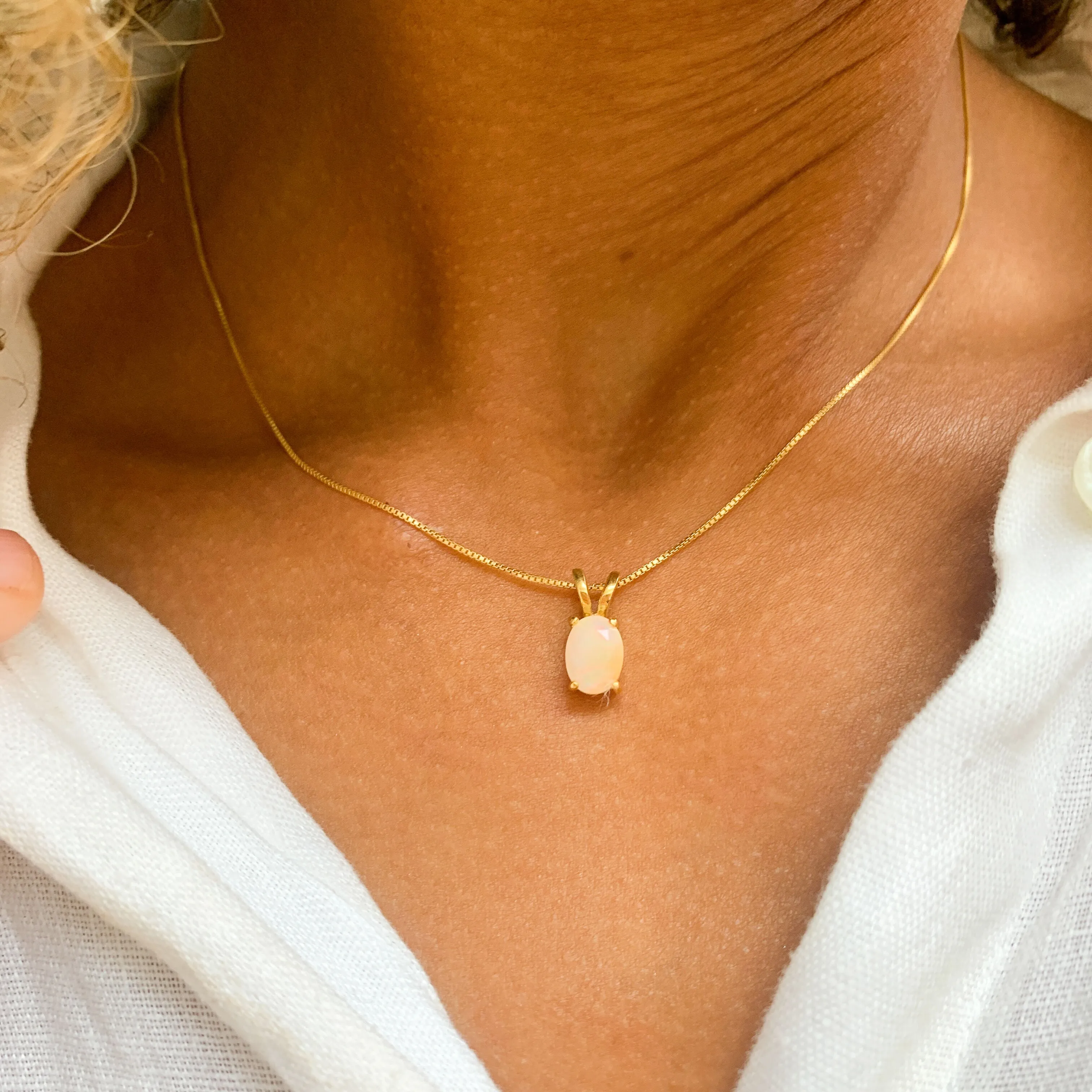 Dainty Opal Pendant - Fire Opal Necklace - White Oval Necklace