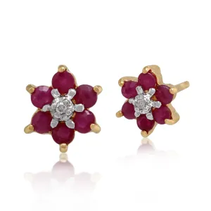 Damen 375 Gold 9ct Gelbgold Rund Six Rubin & Diamant Blumen Cluster Ohrstecker Rot