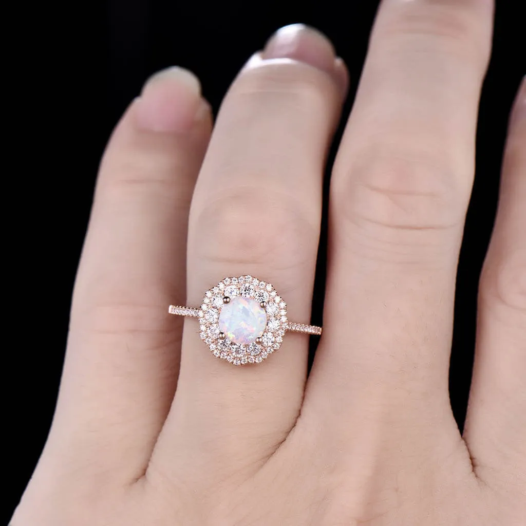 Double Halo Female Opal Engagement Ring Rose Gold Filigree Milgrain