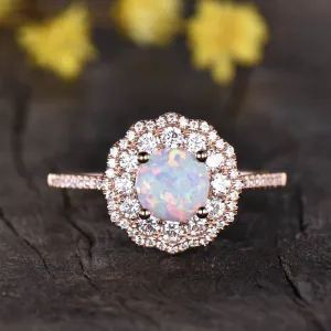 Double Halo Female Opal Engagement Ring Rose Gold Filigree Milgrain