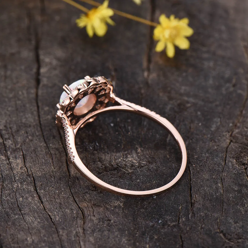 Double Halo Female Opal Engagement Ring Rose Gold Filigree Milgrain