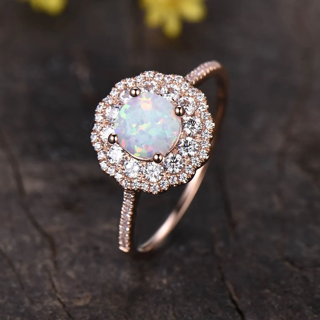 Double Halo Female Opal Engagement Ring Rose Gold Filigree Milgrain