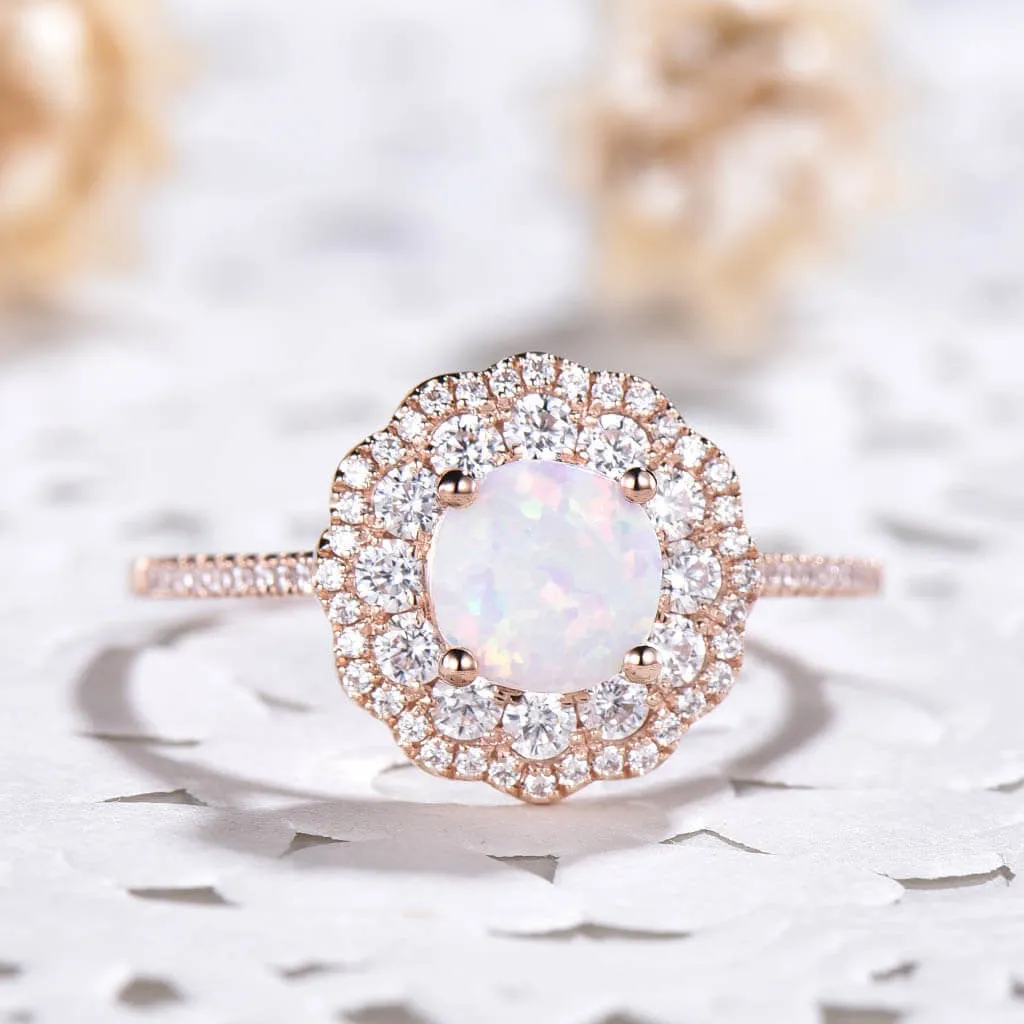 Double Halo Female Opal Engagement Ring Rose Gold Filigree Milgrain