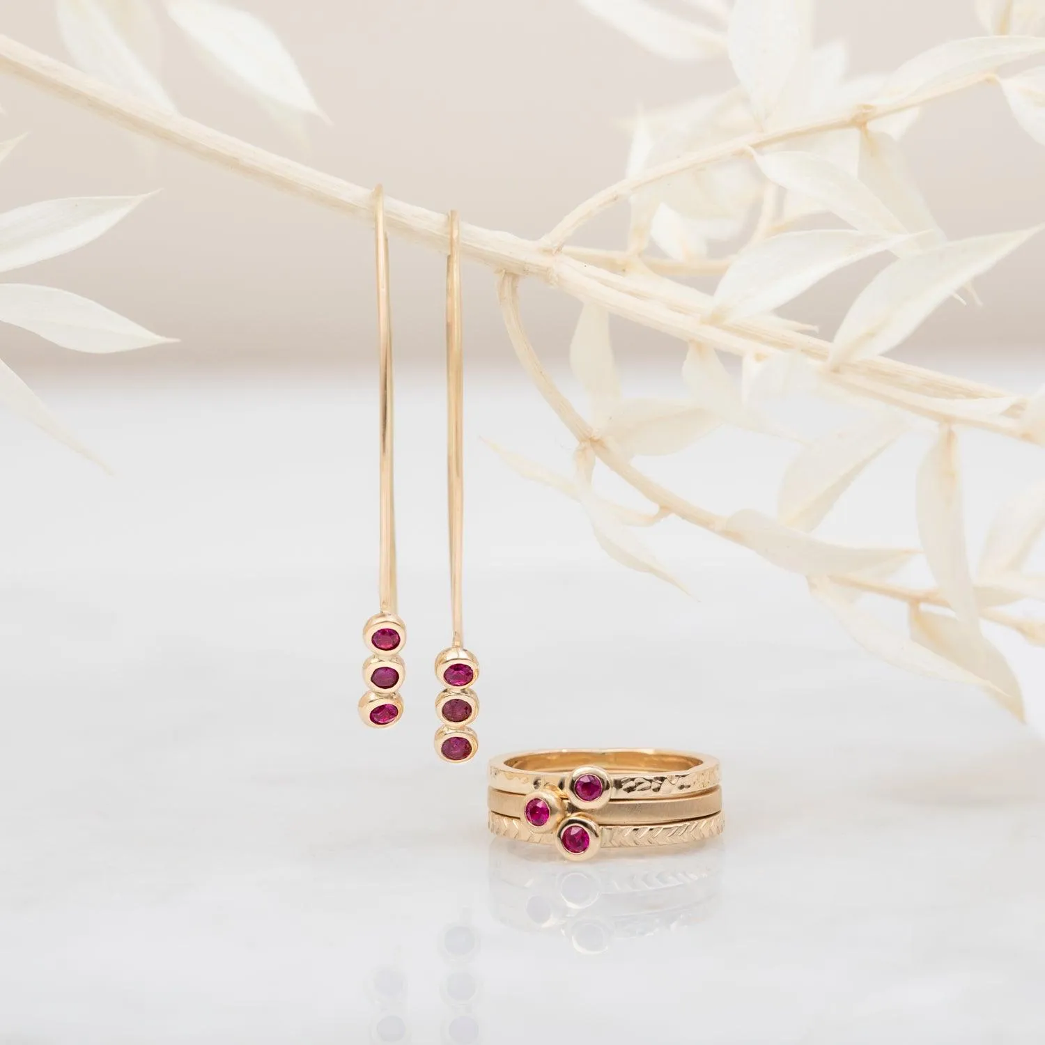 Earrings and Stacking Ruby Rings