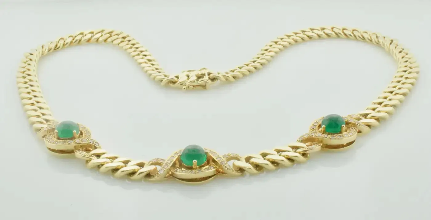 Emerald and Diamond Vintage "Cuban Link" Necklace in 18k Yellow Gold