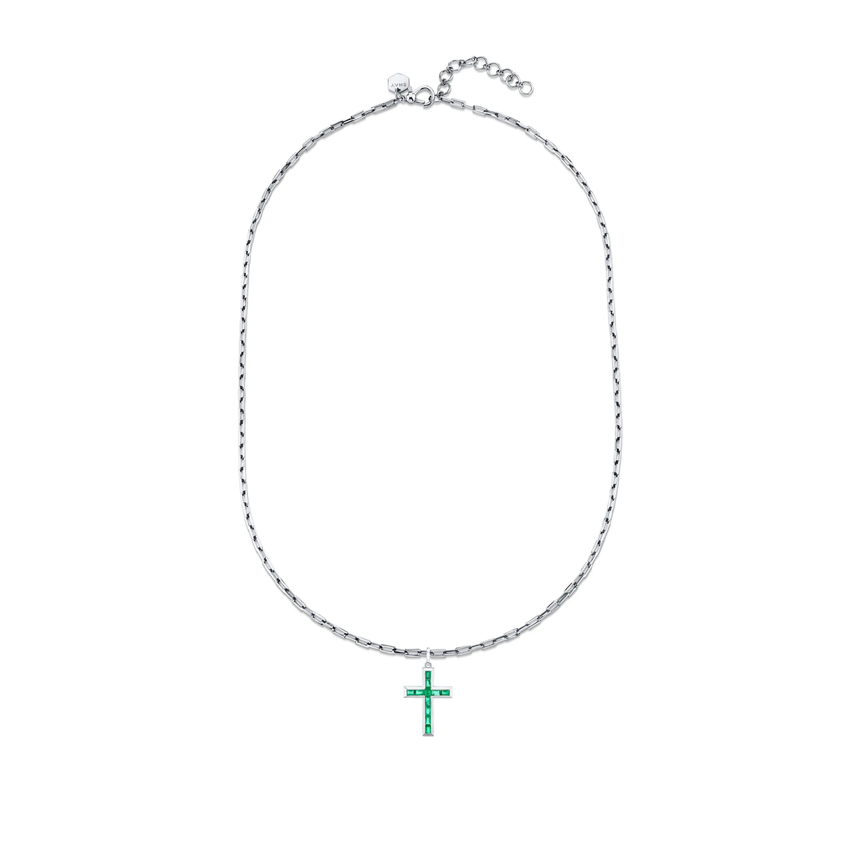 EMERALD BAGUETTE CROSS PENDANT NECKLACE