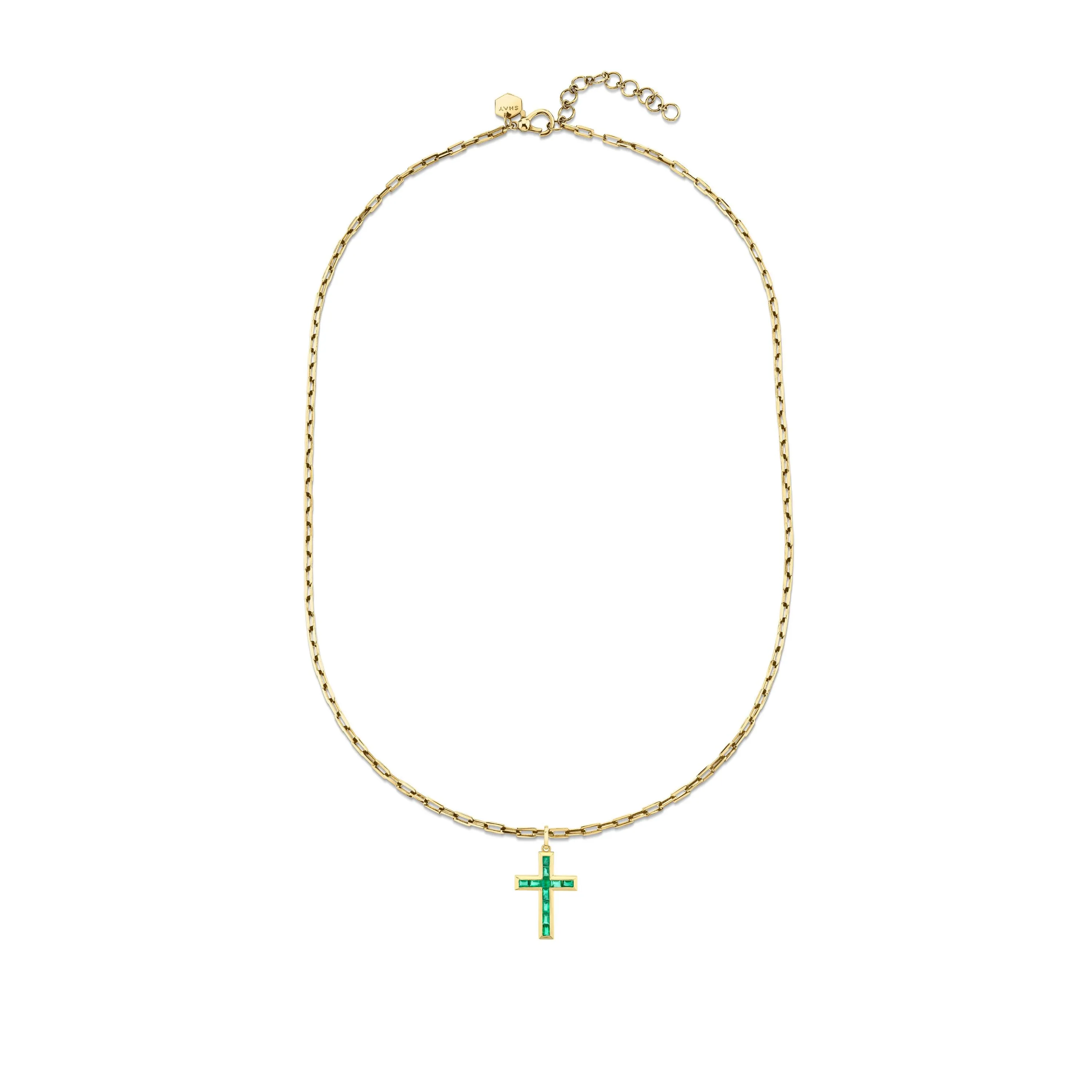 EMERALD BAGUETTE CROSS PENDANT NECKLACE