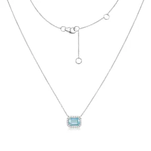 Emerald Cut Aquamarine & Diamond Halo Necklace (1.13 ct.) in 14K Gold