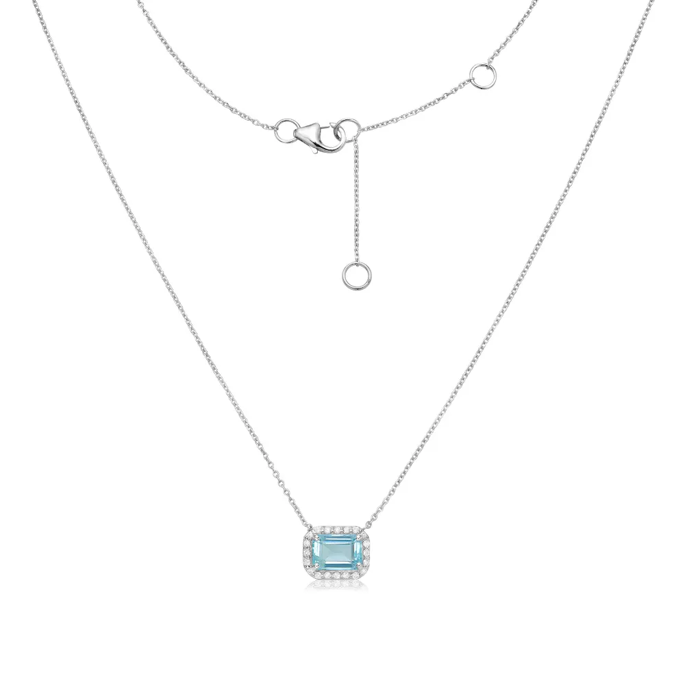 Emerald Cut Aquamarine & Diamond Halo Necklace (1.13 ct.) in 14K Gold