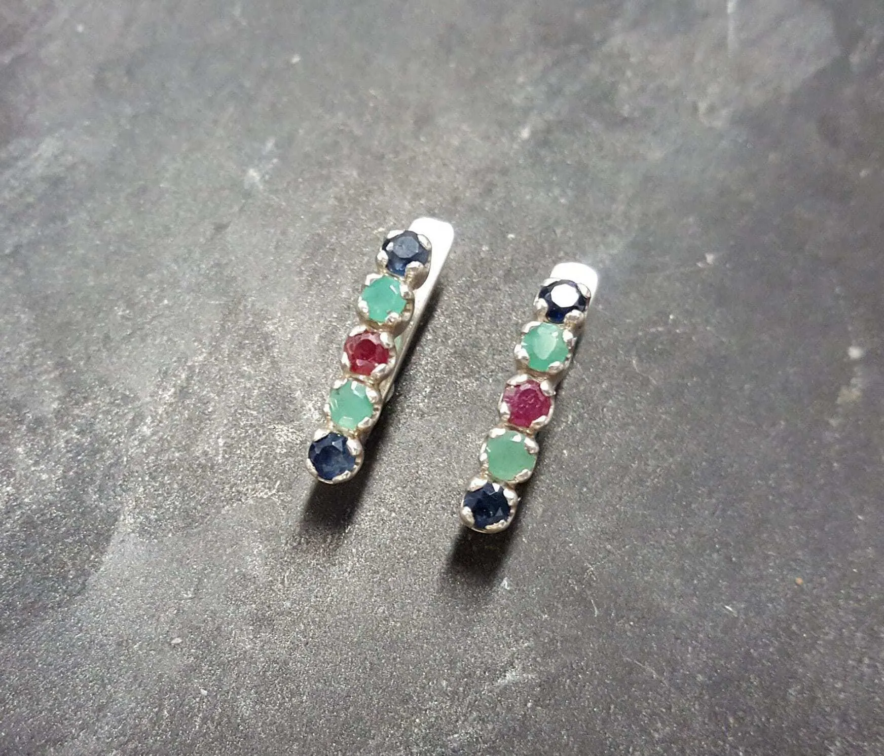 Emerald Drop Earrings - Multistone Earrings - Sapphire Vertical Earrings