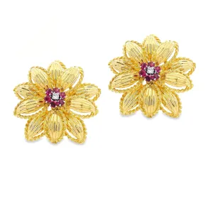 Estate 18k Yellow Gold Diamond and Ruby Flower Earrings