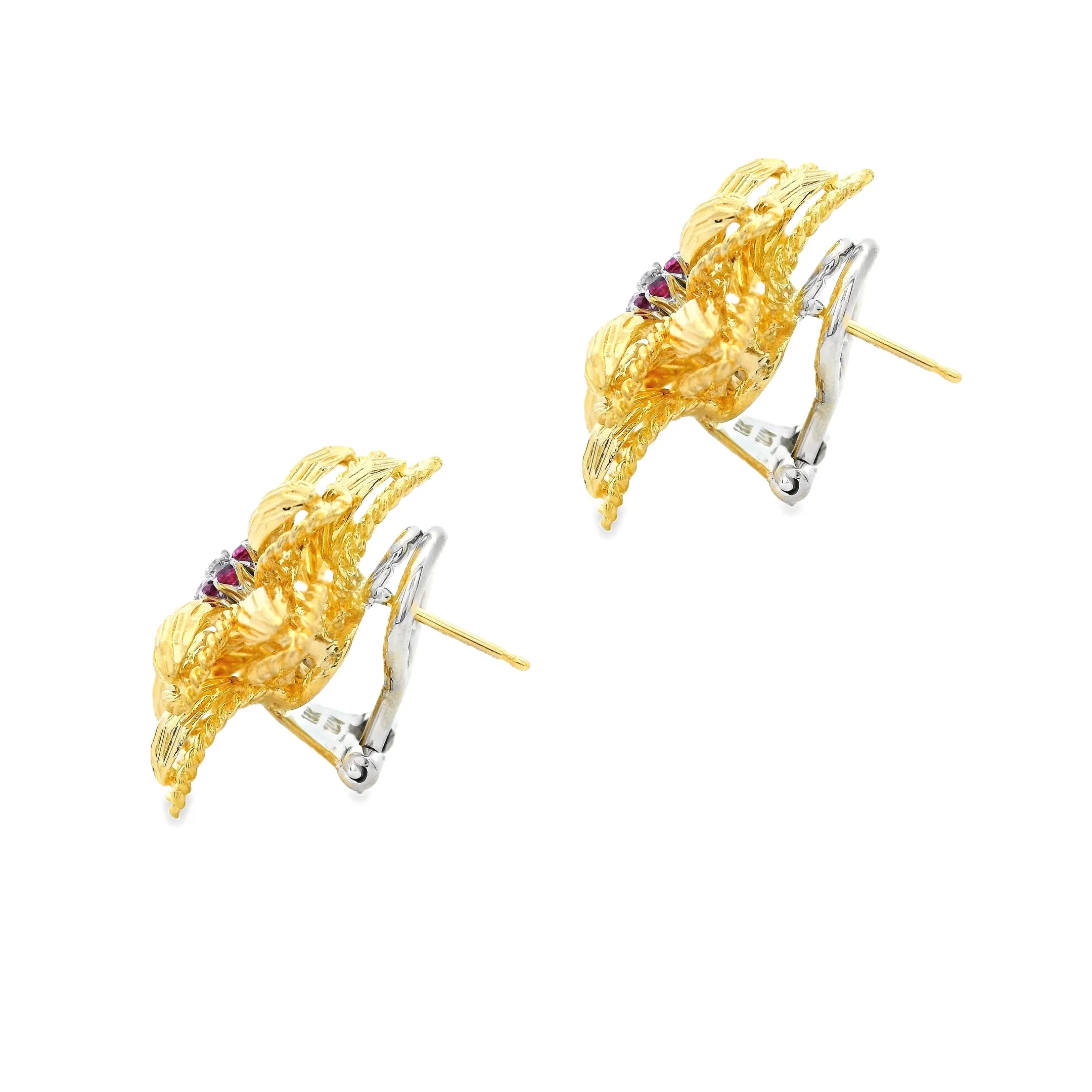 Estate 18k Yellow Gold Diamond and Ruby Flower Earrings