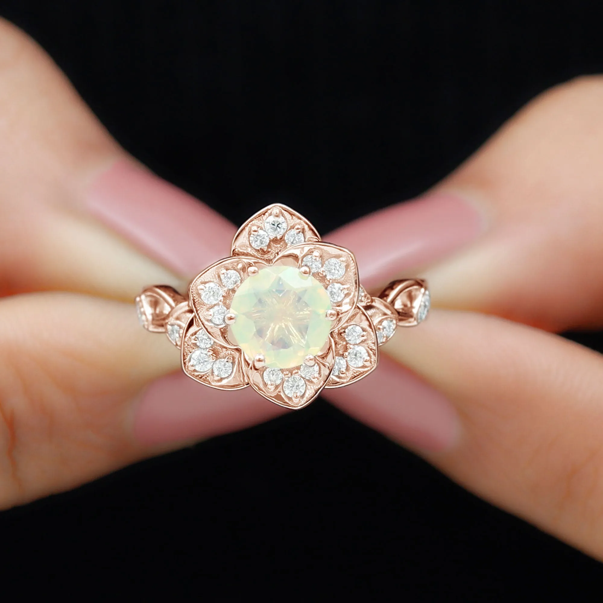 Ethiopian Opal Flower Engagement Ring with Diamond Accent