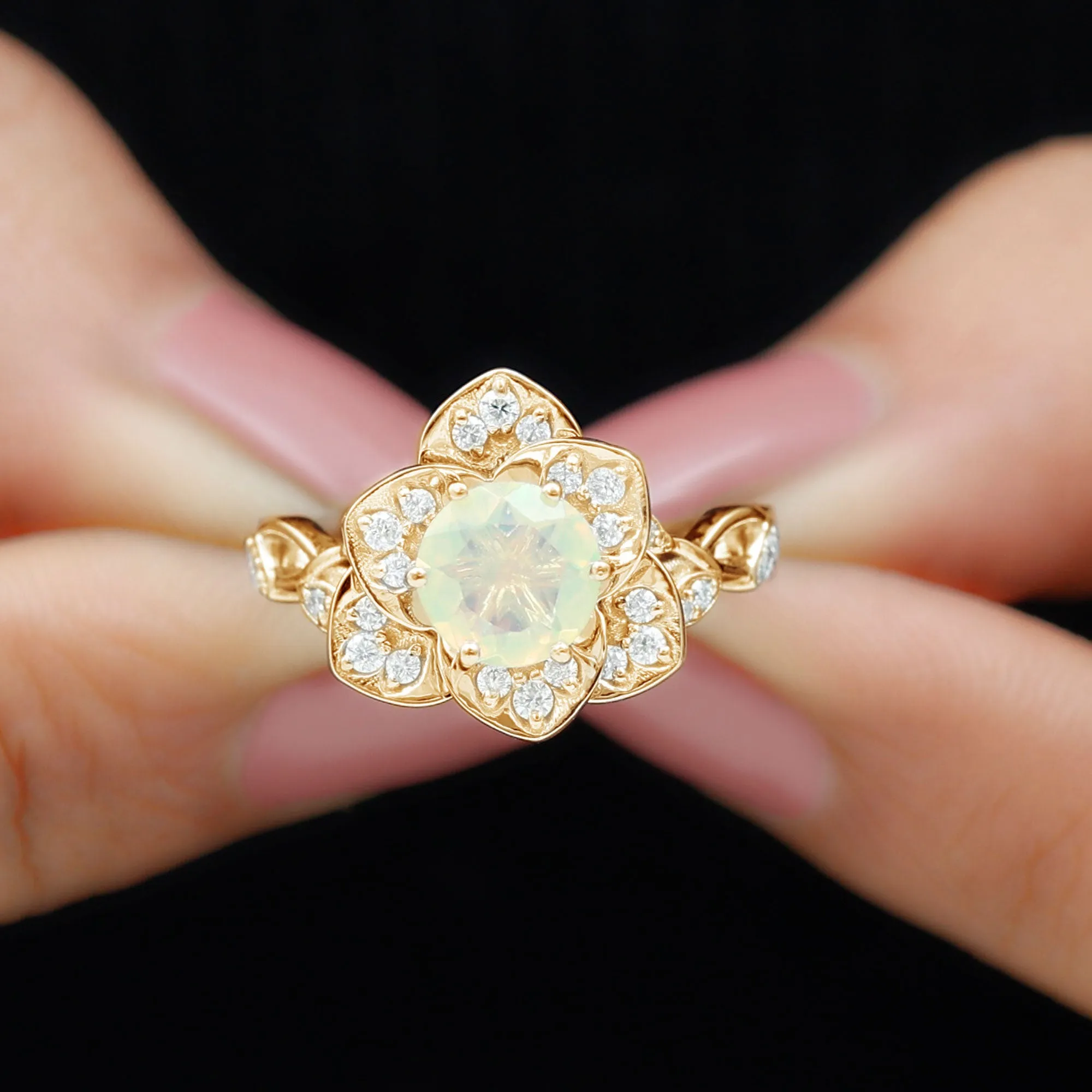 Ethiopian Opal Flower Engagement Ring with Diamond Accent